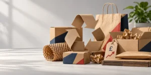 Recyclable kraft paper packaging with a recycling symbol and a price tag showing rising costs