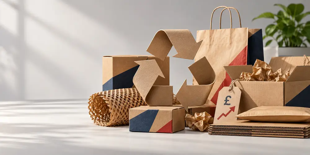 Recyclable kraft paper packaging with a recycling symbol and a price tag showing rising costs